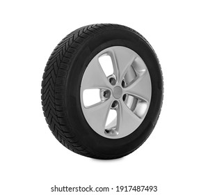 Wheel with winter tire isolated on white