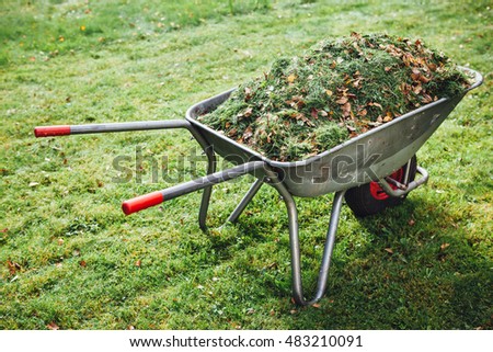 wheelbarrow with grass on green lawn background