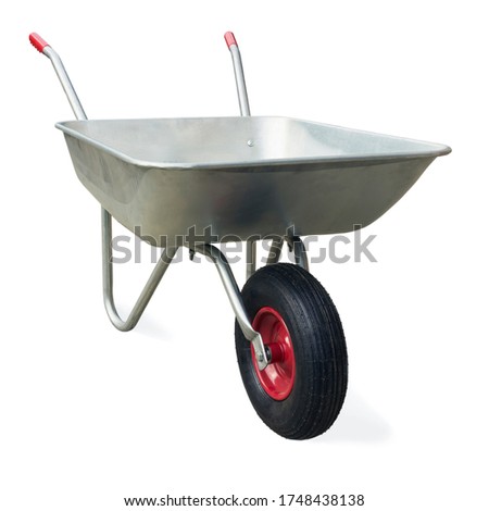 Wheelbarrow isolated on white background. Garden single wheel cart
