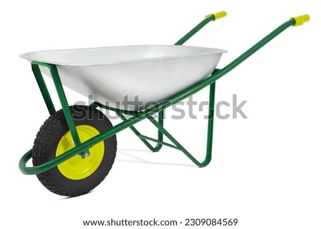 Wheelbarrow isolated on white background with clipping path. Gardening equipment tool for vegetable garden work or lawn and plant care. Spring concept, advertising banner for online shopping commerce
