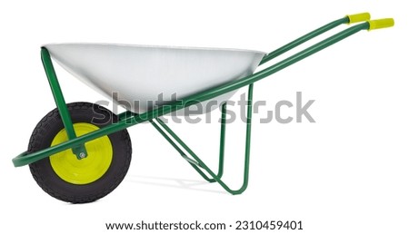 Wheelbarrow isolated on white background with clipping path. Gardening equipment tool for vegetable garden work or lawn and plant care. Spring concept, advertising banner for online shopping commerce