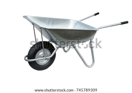 Wheelbarrow isolated on white background. Garden metal wheelbarrow cart