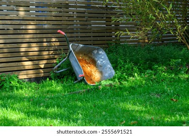 A wheelbarrow is leaning against a wooden fence in a garden filled with lush green grass. Sunlight enhances the tranquil setting, revealing soil inside the wheelbarrow - Powered by Shutterstock