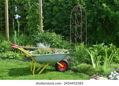 Wheelbarrow with waste from weeding and cleaning flower beds from weeds - Powered by Shutterstock