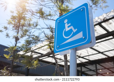 Wheelchair accessible entrance sign icon. Handicapped ramp signal, Way of wheelchair, concrete ramp