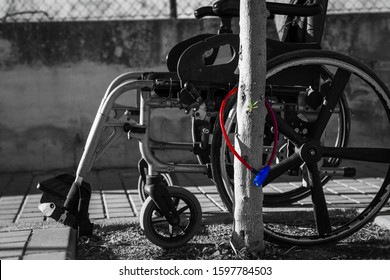 Wheelchair attached to a tree with an anti-theft lock. You won't need it anymore! Let it stand here.
