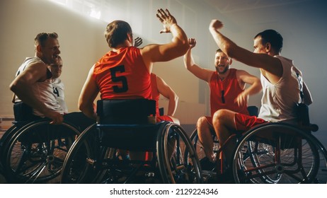 Wheelchair Basketball Game Court Winning Team Celebrate Victory, Cheer and High Five. Players Compete, Shoot, Score Goal Points. Determination, Skill of People with Disability. - Powered by Shutterstock