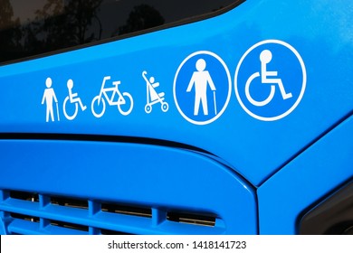 Wheelchair for disabled, elderly man with cane, baby carriage and bicycle icons on city bus. Comfortable accesibility public transport all groups of citizens. 