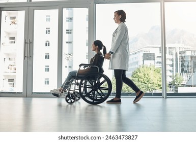 Wheelchair, doctor and walking with patient with disability in hospital for mobility impairment, empathy and support for healthcare. Medical worker, girl and happy for leaving clinic and recovery. - Powered by Shutterstock