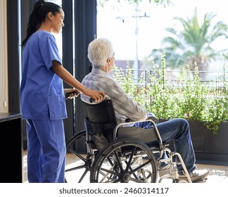 Wheelchair, nurse and senior patient with disability for support, caring and homecare for old people. Healthcare, elderly man and caregiver for helping, assistance and retiree with medical worker - Powered by Shutterstock