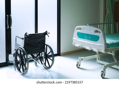 Wheelchair Park Front Of Mirror Patient Room In Hospital.