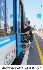 Wheelchair user using accessible train travel approaches a train at a station. The user prepares to board as the train door opens, with clear signage in the background.