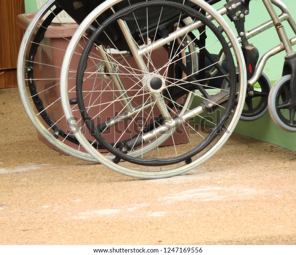 Wheelchair wheels at\
hospital.