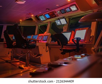 Wheelhouse On The Modern Ship. Navigation In Night Time.