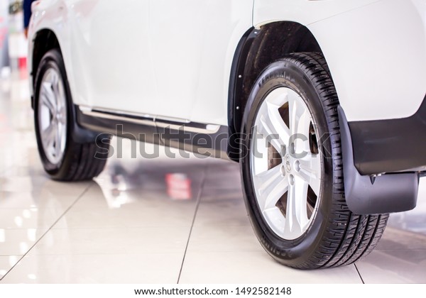 Wheels and wheels close-up, sale of car tires,\
wheels in a car dealership. Tayota brand with chrome-plated alloy\
wheels with a modern, exclusive design. Shymkent Kazakhstan April\
15, 2019
