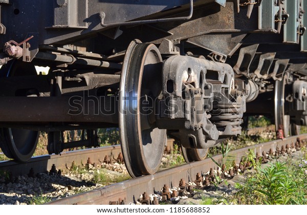 Wheels of a
freight railway car close-up.
Russia