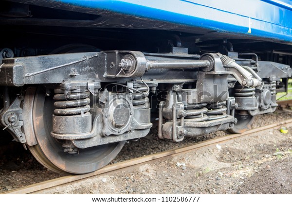 wheels of the railway car. Wheelbase of the\
train car close-up