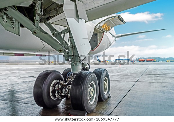 Wheels rubber tire rear landing gear racks airplane\
aircraft, under wing\
view