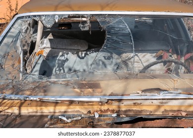 When I first saw this car, my eyes looked at the abstract image possibilities. Then I saw what had really happened. Car accident. Passenger went through windshield. Wear your seatbelt. Be safe.