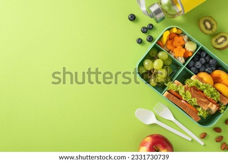 Whet appetites with above view picture of lunchbox packed with delectable sandwiches, colorful fruits, vegetables and water bottle on light green backdrop, offering ample space for text or promotion
