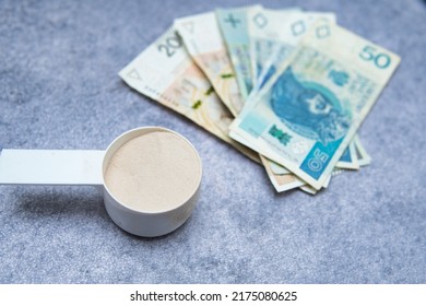 Whey Protein Concentrate Next To Money. Increase In The Prices Of Supplements Such As Creatine And Protein