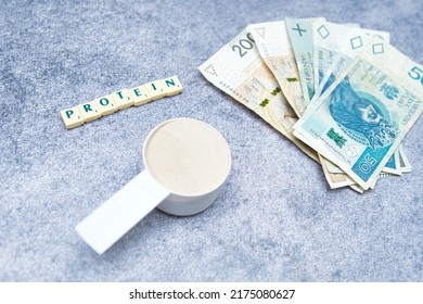 Whey Protein Concentrate Next To Money. Increase In The Prices Of Supplements Such As Creatine And Protein