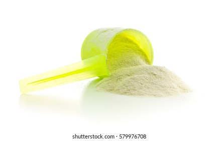 Whey protein powder isolated on white background.