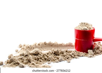 Whey Protein Powder With Scoop On White Background