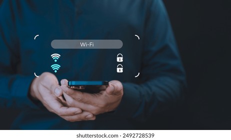 While using a smartphone, a man faces difficulties connecting to Wi-Fi, encountering either connection issues or incorrect password, leading to a delay in loading digital data from websites.