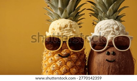 A whimsical image featuring a pineapple and a coconut personified as characters, both wearing sunglasses and topped with scoops of ice cream, against a vibrant yellow background.