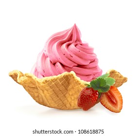 Whip Soft Strawberry Ice Cream Or Frozen Yogurt In Wafer Or Waffle Bowl Isolated On White Background