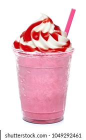 Whip strawberry frappuccino latte milkshake with cream, sorbet, syrup, sherbet isolated on white background