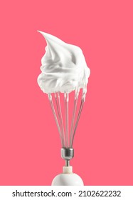 Whipped cream on the top of kitchen mixer. Process of making confectionery masterpiece. Sweet mood and aesthetics of cooking.