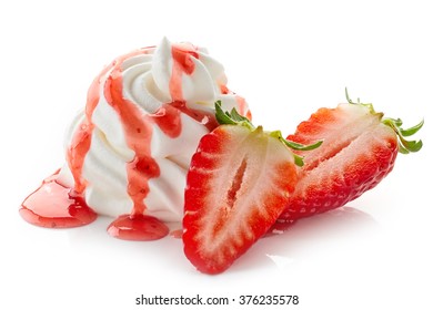 Whipped Cream With Strawberry Sauce Isolated On White Background