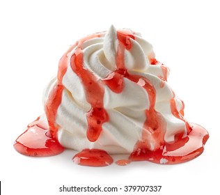 Whipped Cream With Strawberry Sauce Isolated On White Background