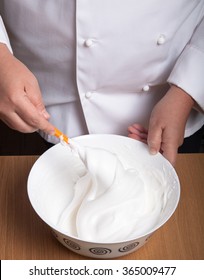 Whipped Egg Whites For Pastry In A White Ceramic Bowl.