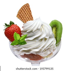 Whipped frozen yogurt or cream in glass bowl with belgian waffle, strawberry and kiwi fruit isolated on white background - Powered by Shutterstock