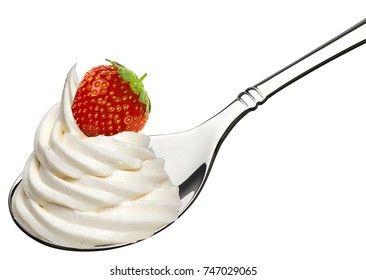 Whipped Frozen Yogurt Or Cream And Strawberry In Spoon Isolated On White Background.