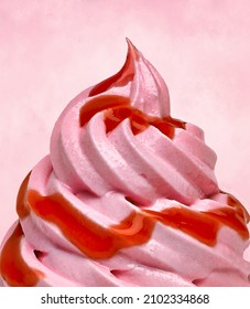 Whipped strawberry cream, frozen yogurt with sauce, syrup or sherbet on pink background. - Shutterstock ID 2102334868