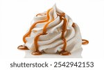 Whipped topping dollop, soft and fluffy, drizzled with golden caramel sauce. The caramel cascades down, creating a sweet contrast, set on a white surface.