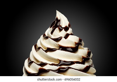 Whipped vanilla cream, frozen yogurt or soft ice cream with chocolate sauce, sorbet, syrup, sherbet isolated on black background