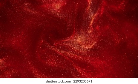 Whirling Gold Particles in Red Fluid. Magical waves of golden glittering particles in different shades of red liquid with depth of sharpness. Galaxy of countless golden dust particles.