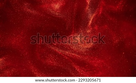 Whirling Gold Particles in Red Fluid. Magical waves of golden glittering particles in different shades of red liquid with depth of sharpness. Galaxy of countless golden dust particles.