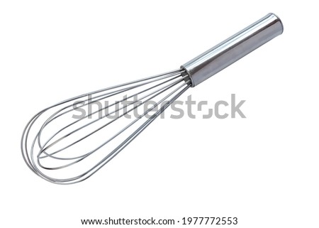 Whisk or egg beater on white background. Top view, clipping path.