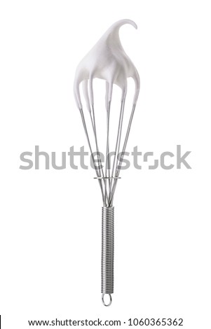 Whisk with meringue cream isolated on white