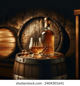 Whiskey bottle with glass of whiskey on top of White Oak barrel.