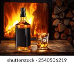 Whiskey or bourbon bottle and glass of whiskey with ice cubes on wooden table and burning fireplace at the background. Cozy and relaxed atmosphere of countryside vacation.