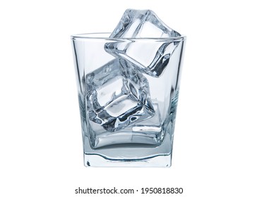 Whiskey, Bourbon or Brandy Glass with ice cube. Empty Glass for Alcohol Drink on white isolated background. Clear ice. Frozen water. Ice maker. Fake or Artificial acrylic or plastic ice cubes. - Powered by Shutterstock