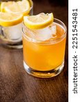 Whiskey cocktail. Classic Cocktail. Mixed drink with whiskey, lemon juice, sugar, and a dash of egg white. It is a type of sour, a mixed drink with a spirit, citrus juice, and a sweetener. 