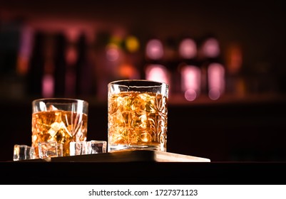 Whiskey Drinks With Ice In A Lounge Bar